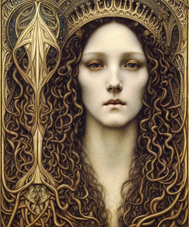 Image similar to detailed realistic beautiful young medieval queen face portrait by jean delville, gustave dore and marco mazzoni, art nouveau, symbolist, visionary, gothic, pre - raphaelite. horizontal symmetry