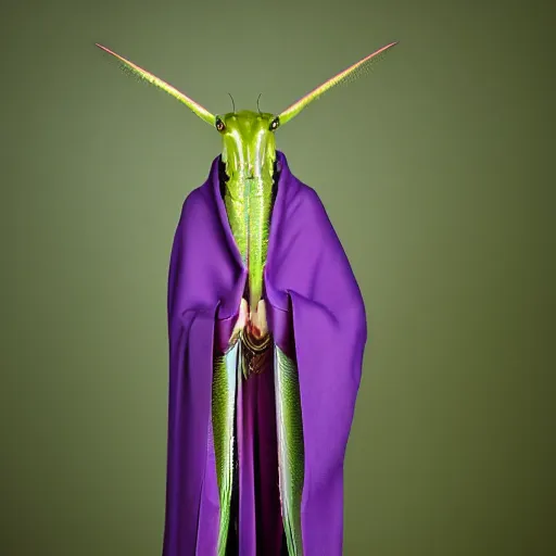 Prompt: 4 k studio portrait photograph of a tall intelligent praying mantis in a purple cloak