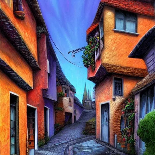 Image similar to narrow street between houses, colorful, fantasy art, concept art, high detail