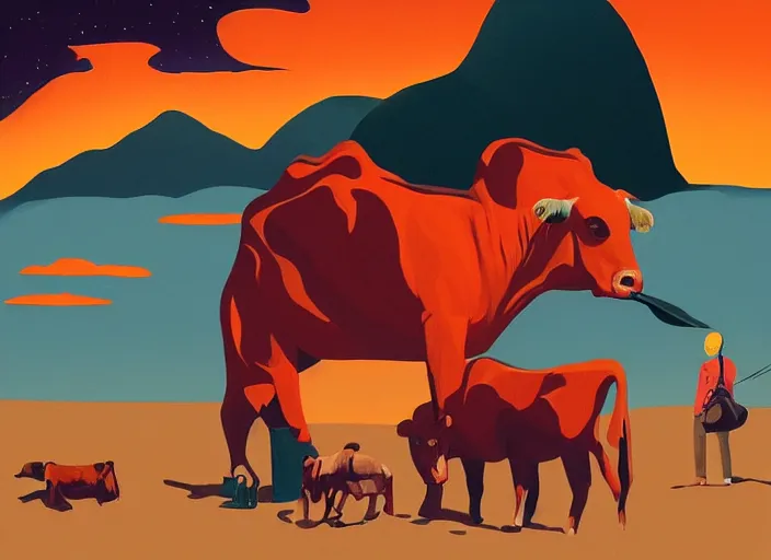 Prompt: isometric painting of a cow devouring a human, black mountains, rhads, dark atmosphere, fire, edward hopper, tristan eaton, victo ngai, vibrant vermilion background