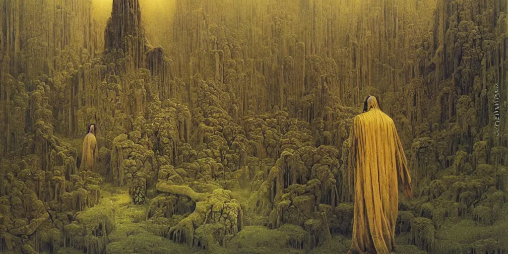 Prompt: an ultra detailed paradise with saintly robed figures, art by beksinski