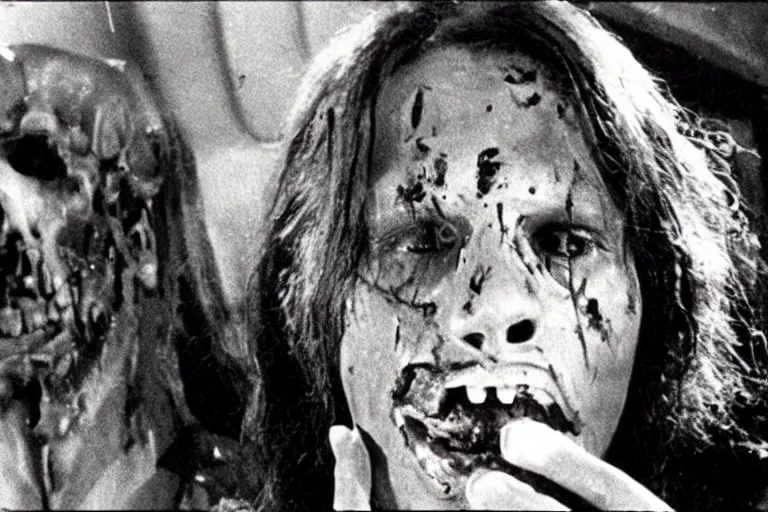 Prompt: forgotten vhs footage of experimental movie blood horror practical zombie lovecraftian fx by david cronenberg and john carpenter 1 9 7 0, faded film grain, muted color