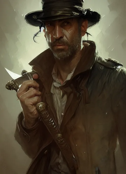 Prompt: portrait of a rugged man wearing a trenchcoat, sailors cap, holding a sword, victorian, concept art, detailed face, fantasy, highly detailed, cinematic lighting, digital art painting by greg rutkowski