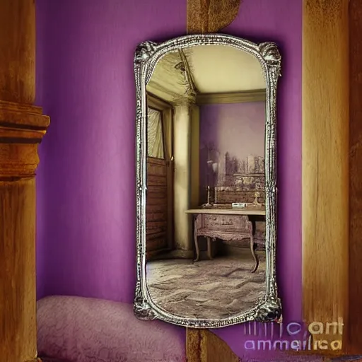 Image similar to castle interior with a mirror in the shape of an antique silver tray floating and shooting purple magic, digital art