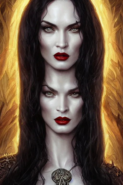 Image similar to ultra realistic illustration, megan fox as morticia addams from baldurs gate and diablo, intricate, elegant, highly detailed, digital painting, artstation, concept art, smooth, sharp focus, illustration, art by artgerm and greg rutkowski and alphonse mucha