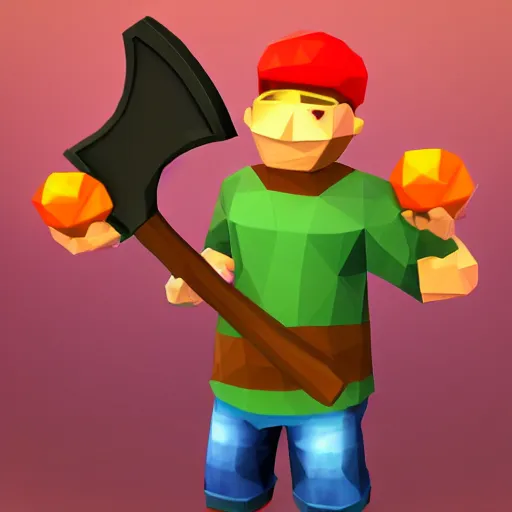 Image similar to vr game, axe in hand, variety of fruits on the front view, low poly