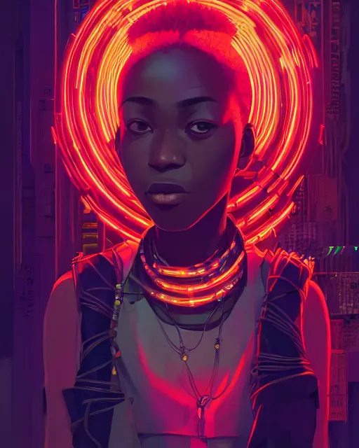 Image similar to kyoto animation, cool african lady wearing cyberpunk intricate warcore, neon lighting tubes, beautiful, detailed portrait, cell shaded, 4 k, concept art, by wlop, ilya kuvshinov, artgerm, krenz cushart, greg rutkowski, pixiv. cinematic dramatic atmosphere, sharp focus, volumetric lighting, cinematic lighting, studio quality