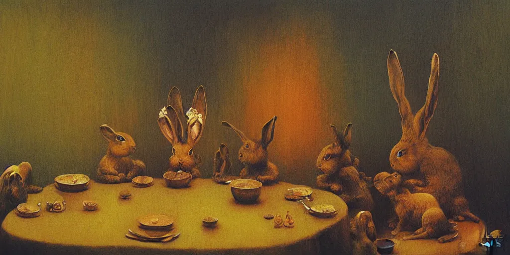 Prompt: Bunny Family Dinner painting by Beksinski