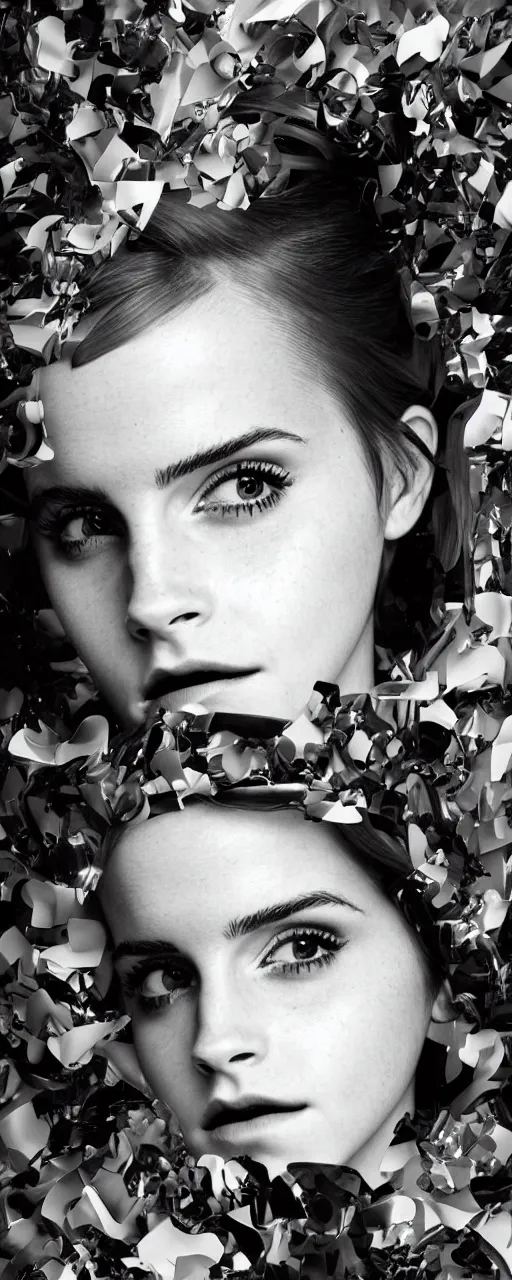 Prompt: Emma Watson closeup face with pouting lips, shoulders very long hair hair wearing an oversized Beret, wearing a mandelbrot fractal biomechanical sculpture mask, elegant Vogue fashion shoot by Peter Lindbergh fashion poses detailed professional studio lighting dramatic shadows professional photograph by Cecil Beaton, Lee Miller, Irving Penn, David Bailey, Corinne Day, Patrick Demarchelier, Nick Knight, Herb Ritts, Mario Testino, Tim Walker, Bruce Weber, Edward Steichen, Albert Watson