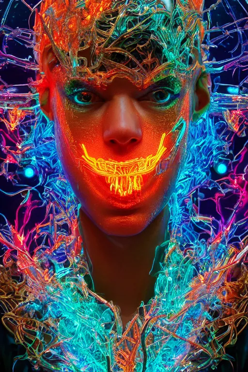 Image similar to hyper detailed ultra sharp portrait of baroque and bladerunner delicate neon ruby sculpture of seductive albino prince royce tigers orange iridescent humanoid deity wearing metallic hoody made out of leaves holding the sun prismatic dungeon, glowing rainbow face, crown of white diamonds, cinematic lighting, photorealistic, octane render 8 k depth of field 3 d
