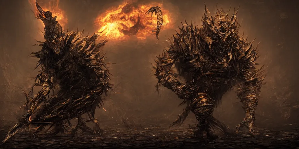 Image similar to minion as a darksouls boss, horror, hd, screenshot,