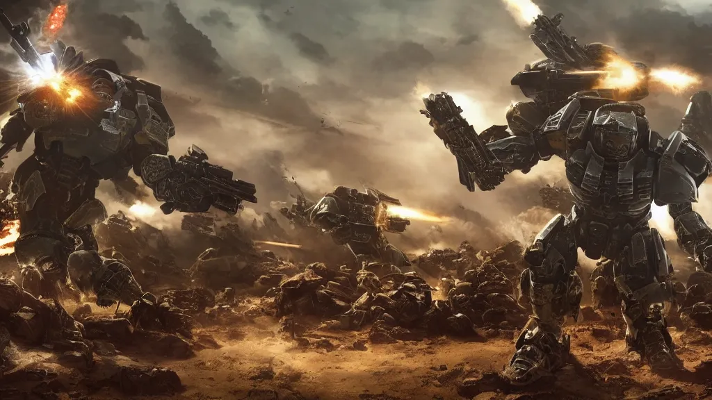 Prompt: sci-fi action movie cinematography 3D scene of warhammer space marine destiny halo planting flag in epic future war zone. By Emmanuel Lubezki