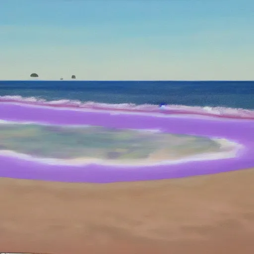 Prompt: an oil painting of a giant white styrofoam cup on the beach, the beach has purple water, surrealism