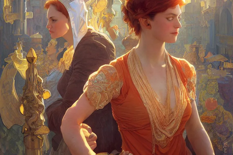 Image similar to portrait of tinfoil hat man in orange t - shirt behind his wife, feelings, romantic, fantasy, intricate, elegant, highly detailed, digital painting, artstation, concept art, smooth, sharp focus, illustration, art by artgerm and greg rutkowski and alphonse mucha