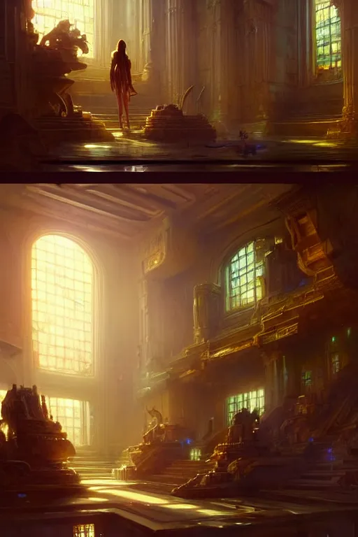 Image similar to extremely beautiful high detailed interior scene with a temple of internet. by daniel f. gerhartz and artgerm and greg rutkowski. intricate details, sci - fi details, a lot of monitors, energetic mood, golden ratio composition, trending on artstation, volumetric lighting, 4 k, 8 k