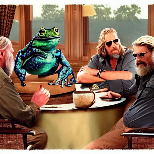 Prompt: a giant frog sitting with the big lebowski, jeff bridges the dude sitting at the table with a giant frog, realistic from the movie the big lebowski by the coen brothers, 8 k