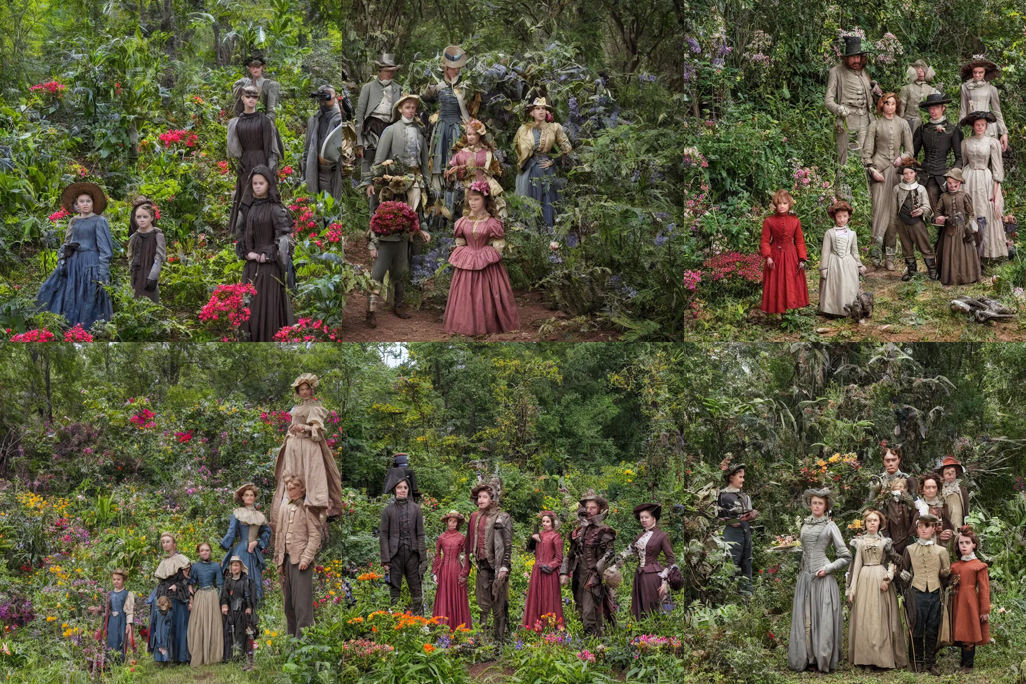 Prompt: sharp, highly detailed, 43456k film, 171800mm film still from a sci fi blockbuster color movie made in 2019, set in 1860, of a family standing in a park, next to some strange alien plants and flowers, on an alien planet, the family are all wearing 1860s era clothes, good lighting, ultra high definition, ultra enhanced faces, in focus, 35mm macro lens