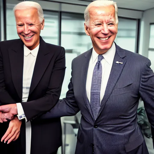 Prompt: stock photo of kim kardashian, and joe biden wearing suits and ties laughing in an office building, 8k resolution, full HD, cinematic lighting, award winning, anatomically correct