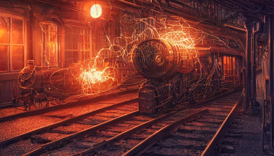 Prompt: A glowing electrical Steampunk train in a victorian museum, james gurney, cinematic lighting, lots of steam and sparks, wires made of copper, artstation, vibrant nature, Tuomas Korpi, tekkon kinreet, volumetric light, artstation, , octane render, redshift render, low angle camera, rich deep moody colors