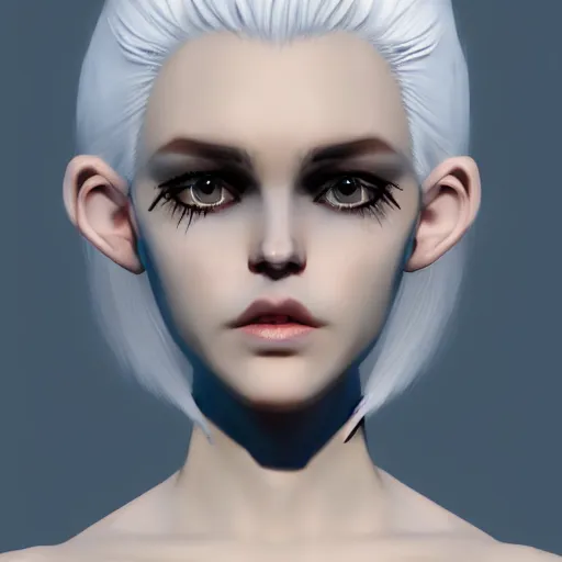 Image similar to Young woman, white hair, black eyes, pointy ears, pale skin, trending on artstation