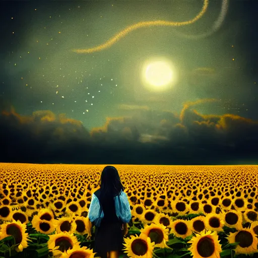 Image similar to huge sunflower head, girl walking in wheat field, hills, surreal photography, dark night, star trails, dramatic light, impressionist painting, clouds, digital painting, artstation, simon stalenhag