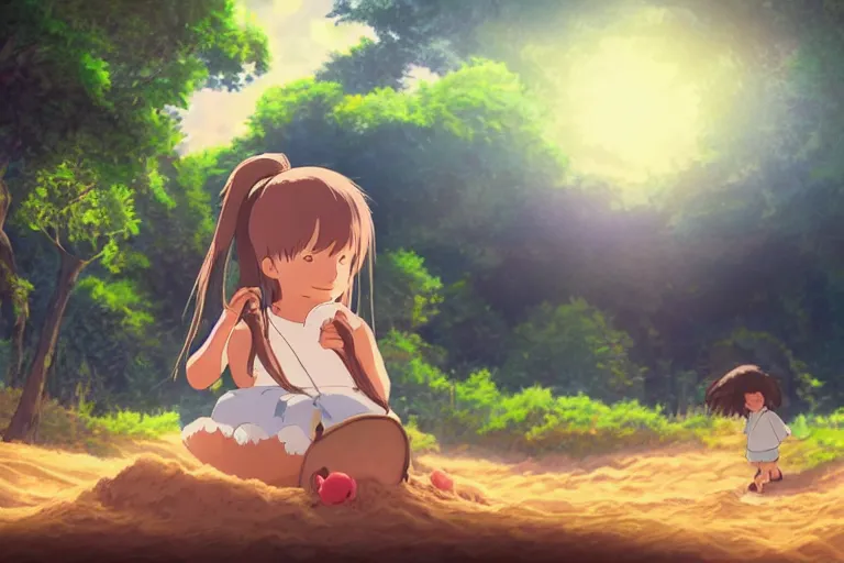 Prompt: Studio ghibli style little girl with two ponytails playing in a sandbox at sunset with a forest background, Studio ghibli, ultra realistic, fantasy, intricate, trending on artstation
