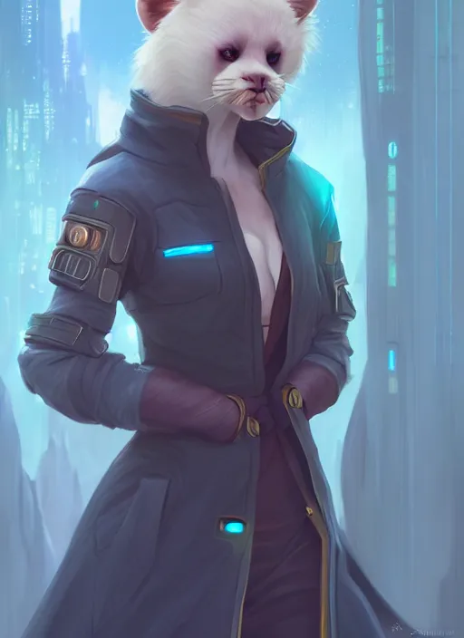 Prompt: commission of a beautiful portrait of a female anthro ferret fursona wearing jedi robes in a forested cyberpunk city. character design by charlie bowater, ross tran, artgerm, and makoto shinkai, detailed, soft lighting, rendered in octane