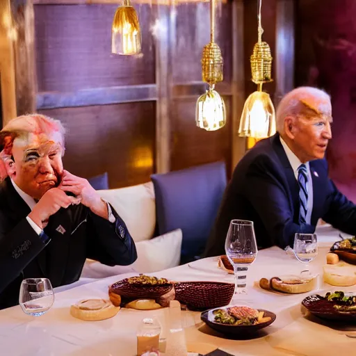 Image similar to Trump and Biden having dinner at a fancy Balinese restaurant, award winning photography, sigma 85mm Lens F/1.4, blurred background, perfect faces