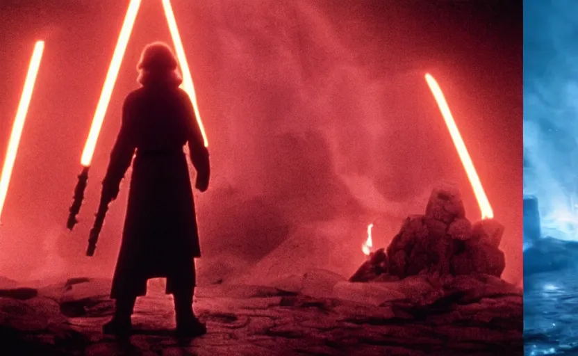 Image similar to screenshot of Luke Skywalker battling the ghost of Emporer Palpatine, with scattered ruins of a fiery pink forest, iconic scene from 1970s film by Stanley Kubrick, rise of skywalker, 4k HD, cinematic lighting, beautiful portrait of Mark Hammill, moody scene, stunning cinematography, anamorphic lenses, kodak color film stock, fire reak real life, ultra realistic, movie still