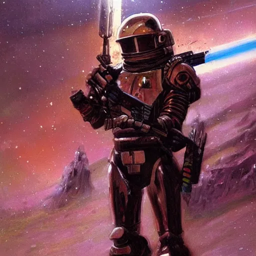 Image similar to a space fantasy soldier in powered armor holding a weapon in the style of Ralph McQuarrie/Syd Mead/John Berkey detailed realistic