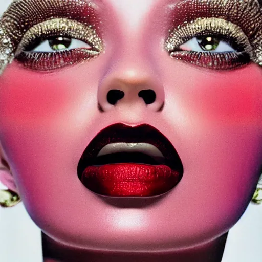 Prompt: portrait of an alien with lipstick, kodak, detailed, vogue magazine