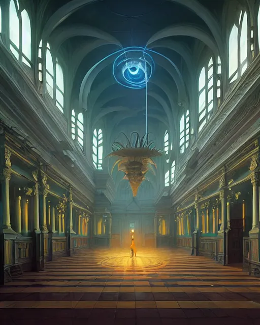 Image similar to highly detailed surreal vfx great hall, stephen bliss, unreal engine, greg rutkowski, loish, rhads, beeple, makoto shinkai and lois van baarle, ilya kuvshinov, rossdraws, tom bagshaw, alphonse mucha, global illumination, detailed and intricate environment