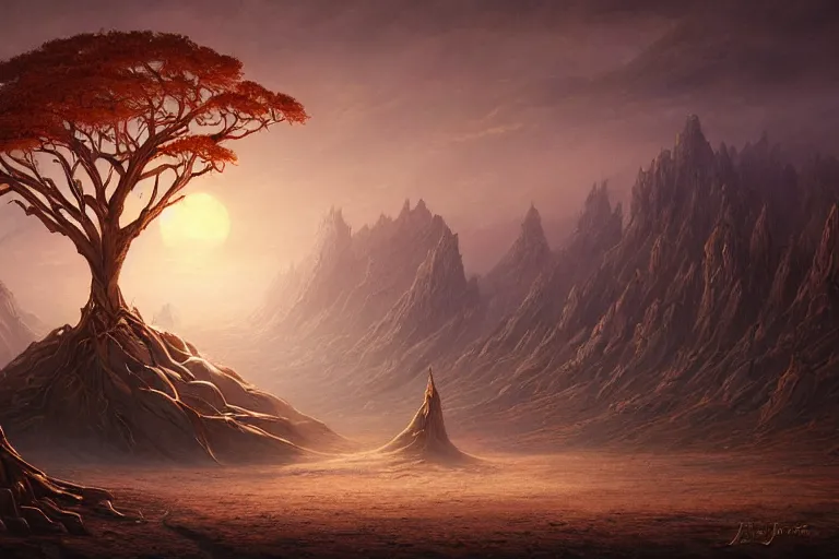 Image similar to cinematic fantasy landscape painting by jessica rossier, primordial and cosmic, desert valley of bones, an eclipse, over an autumn maple bonsai growing alone that is yggdrasil, on a desolate sand dune hr giger