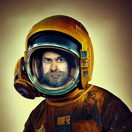 Prompt: space miner by Bruce Paddington, portrait, film, bearded, tense look, dusty atmosphere, mining in space, science fiction