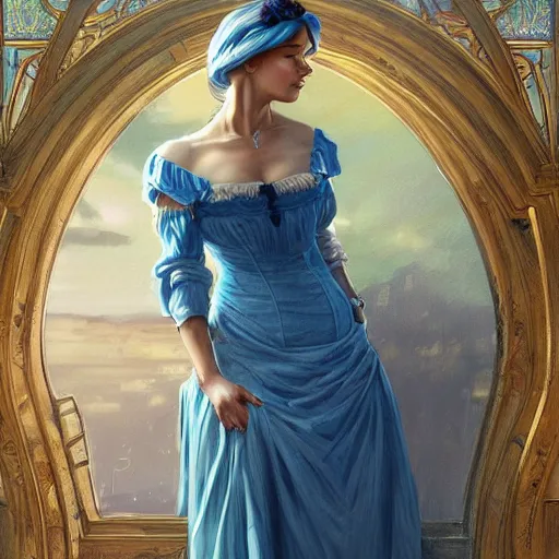 Image similar to full figure ultra realistic illustration, jeffrey wright wearing a maiden blue dress, blonde flowy hair, old west, intricate, elegant, highly detailed, digital painting, artstation, concept art, smooth, sharp focus, illustration, art by artgerm and greg rutkowski and alphonse mucha