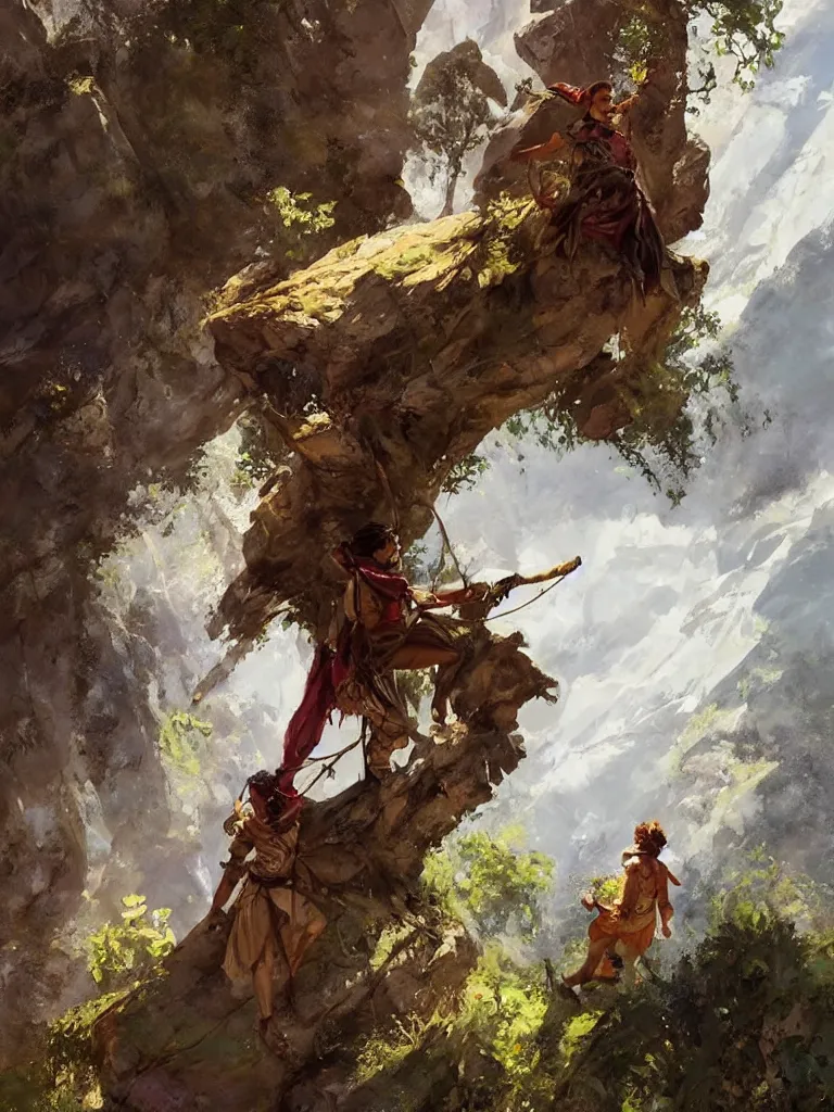 Prompt: oil art of young roma mage adventurer climbing down a cliffside in style of disco elysium character, gipsy jester character design from ravenloft, art by anders zorn, wonderful masterpiece by greg rutkowski, beautiful cinematic light, american romanticism by greg manchess, jessica rossier