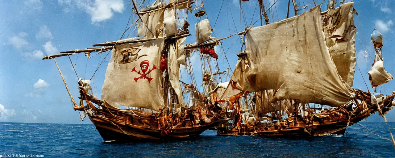 Image similar to pirate ship with spaghetti treasure, aboard a sailboat, caribbean, in the style of galen rowell, 1 7 0 0 s, canon 2 0 mm, kodachrome