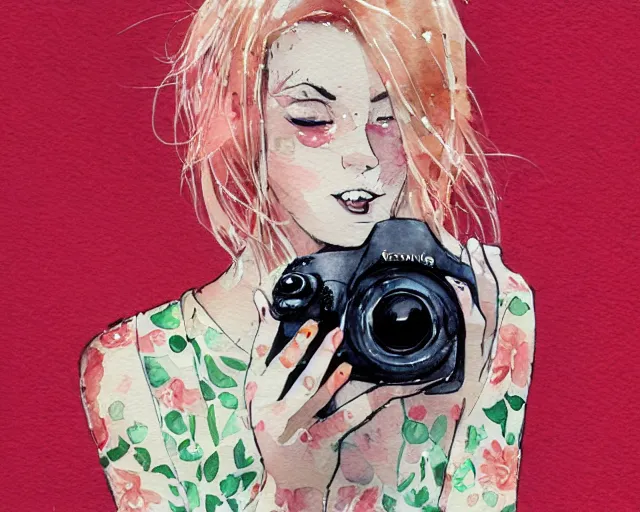 Image similar to pale young woman with bright blonde hair, freckles, bright eyes and a wide face, flowery dress, she is holding a professional dslr camera close to her face with her hands, expressive, emotional watercolor art by conrad roset