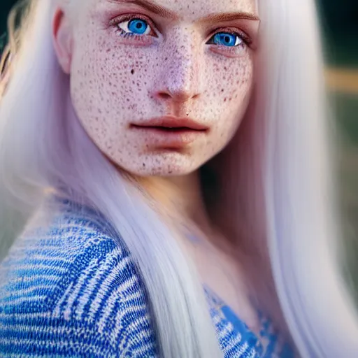 Image similar to beautiful hyperreal portrait of a cute woman, long white hair, cute freckles on cheeks and nose, blue eyes, very detailed face, soft smile, golden hour, soft focus, 8 k, portra 4 0 0