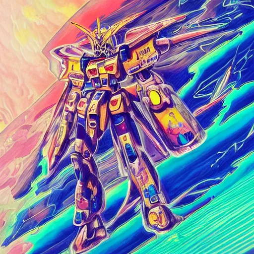 Prompt: An extremely Gundam psychedelic experience, colorful, surreal, mecha, LSD, face, jet turbine, tarot, detailed, intricate, elegant, highly detailed, super detailed, insane detailed, digital painting, concept art, smooth, sharp focus, illustration, art by josan gonzales, Krenz Cushar, Marco Plouffe, dan mumford, Artem Demura and alphonse mucha