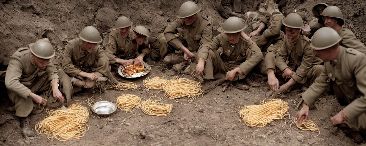 Image similar to soldiers eating spaghetti in the trenches, world war one, canon 5 0 mm, high detail, intricate, cinematic lighting, photography, wes anderson, film, kodachrome