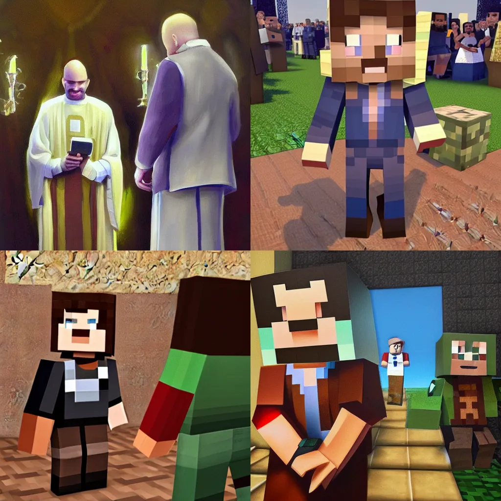 Prompt: Steve from Minecraft is the priest at a wedding, detailed oil painting, hyperrealistic, beautiful awe inspiring