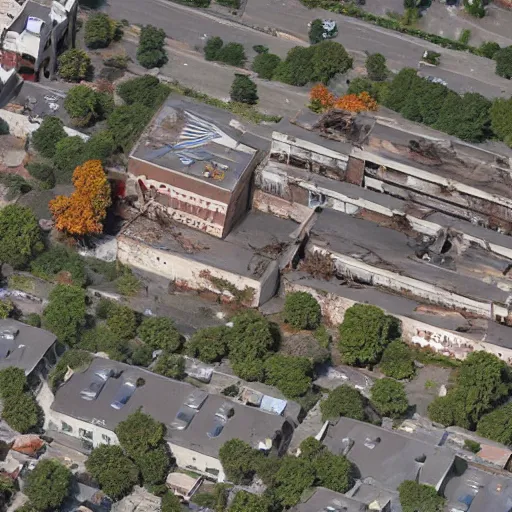 Image similar to top down aerial view of dilapidated high school with office buildings in the streets in real life, desolate with zombies, dilapidated, zombies in the streets, nightmarish, some rusted style parked vehicles, sunny weather, few clouds, volumetric lighting, photorealistic, daytime, autumn, sharp focus, ultra detailed, cgsociety