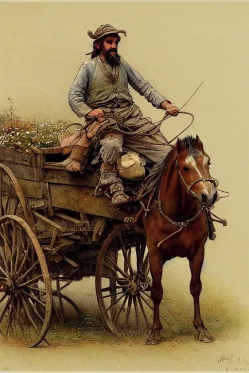 Image similar to ( ( ( ( ( ( ( ( man riding a horse ) ) ) ) ) ) ) ) with wheels!!!!!!!!!!!! wagon!!!!!!!!!!!!!! by jean baptiste monge!!!!!, muted colors, detailed