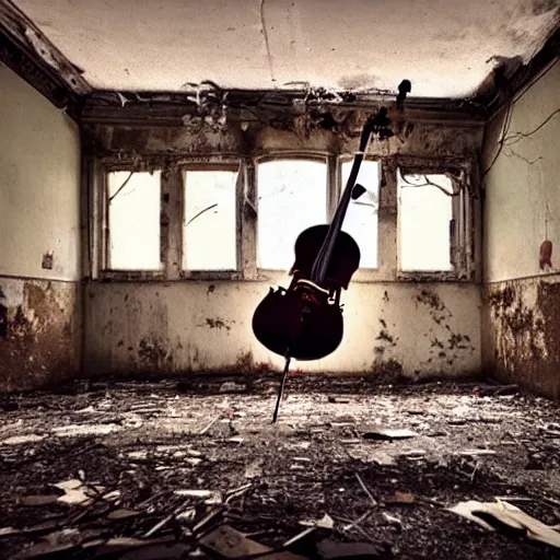 Prompt: abandoned places with a cello, cinematic light,