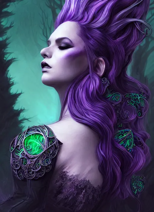 Prompt: side portrait dark queen, witch outfit large cloak, fantasy forest landscape, dragon scales, fantasy magic, undercut hairstyle, short purple black fade hair!!!!!!, dark light night, intricate, elegant, sharp focus, illustration, highly detailed!!!!!!!, digital painting, concept art, green neon smoke, matte painting, art by WLOP and Artgerm and Greg Rutkowski and Alphonse Mucha, masterpiece