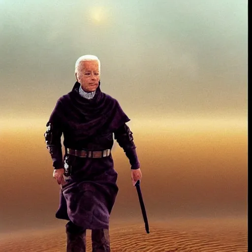 Prompt: joe biden as a photorealistic fremen Dune, shai hulud, freman, shai-hulud, artstation hall of fame gallery, editors choice, #1 digital painting of all time, most beautiful image ever created, emotionally evocative, greatest art ever made, lifetime achievement magnum opus masterpiece, the most amazing breathtaking image with the deepest message ever painted, a thing of beauty beyond imagination or words, 4k, highly detailed, cinematic lighting