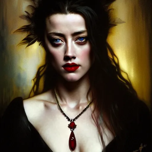 Prompt: hyperrealistic portrait of amber heard as a vampire witch in a black coat with swan feathers and ruby jewellery as a reflection in glass. by jeremy mann and alphonse mucha, fantasy art, photo realistic, dynamic lighting, artstation, poster, volumetric lighting, very detailed faces, 4 k, award winning