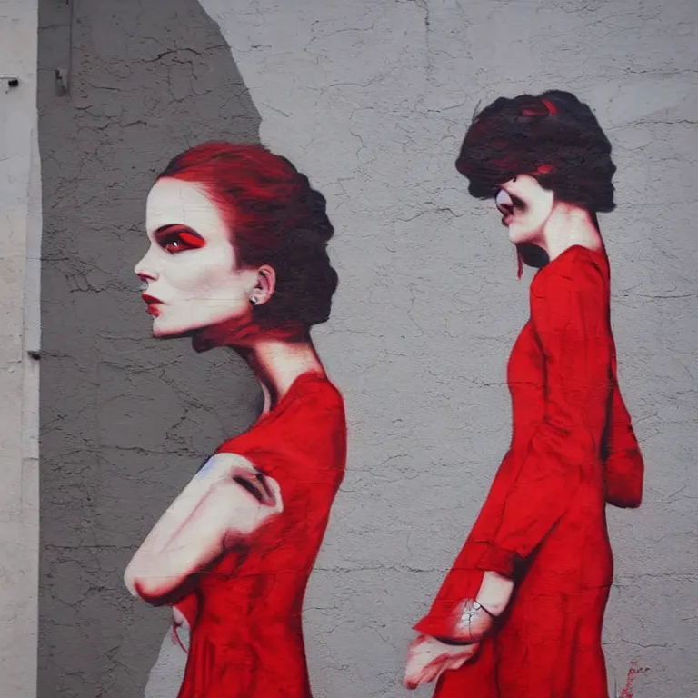 Image similar to Street-art portrait of beautiful woman wearing red evening dress in style of Etam Cru