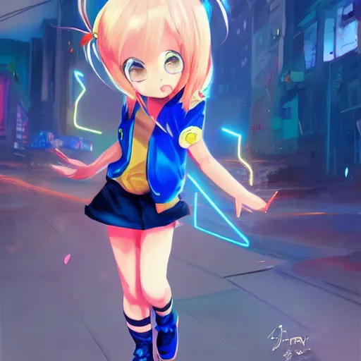 Prompt: Splash art Anime loli, blond hair with pigtails, blue coat and black shorts, she flies by using blue neon powers through the city. Cinematic sunset, faint orange light. Amazing piece Trending on Artstation. Yumei style